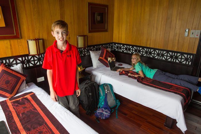 Tyler and Kara in their bedroom on the Galaxy Cruise Lines Ha Long Bay Tour.