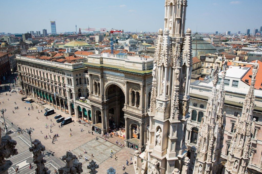 View of Milan and Galleria Vittorio Emanuele II from Duomo rooftop