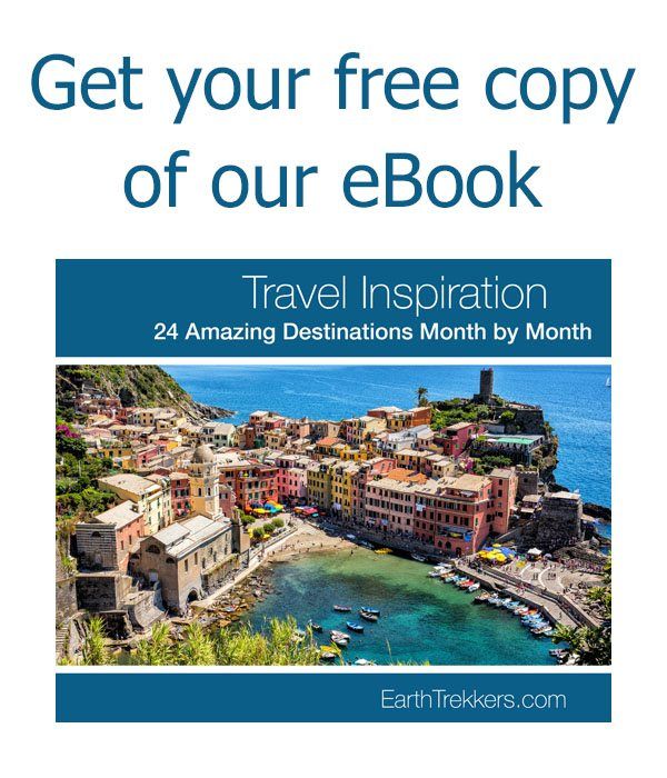 An image of the front cover of EarthTrekkers.com's free Travel Inspiration Guide, showcasing 24 popular destinations worldwide. The front cover reads," Travel Inspiration: 24 Amazing Destinations Month by Month."