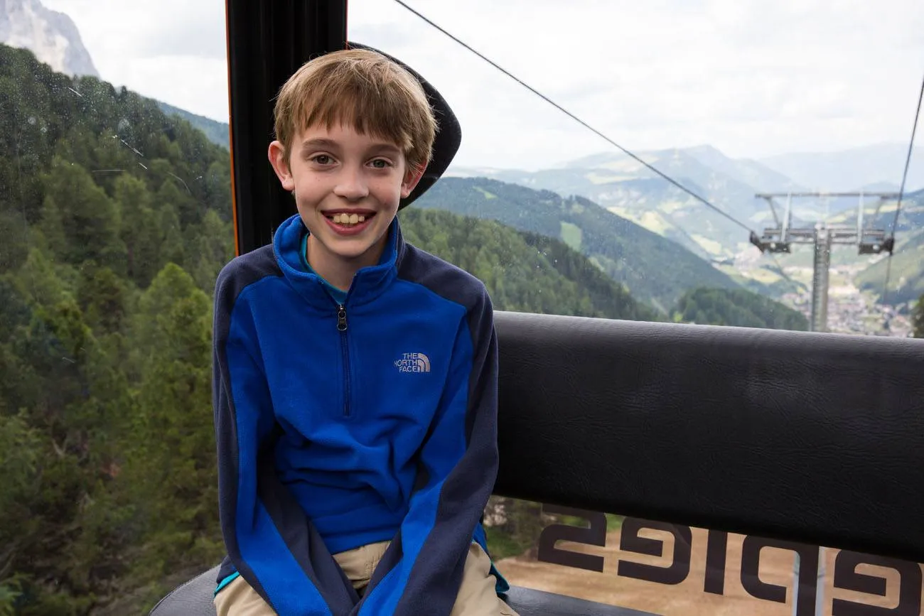 Tyler Rivenbark on the Dantercepies gondola to the Puez Odle Altopiano hike in Italy