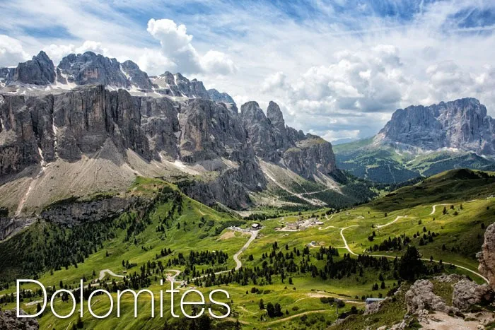 A panoramic view of The Dolomites in Italy.