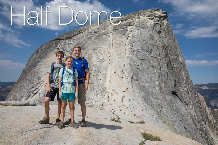 A group of young trekkers in front of the Half Dome in Yosemite  Valley in Yosemite National Park, California