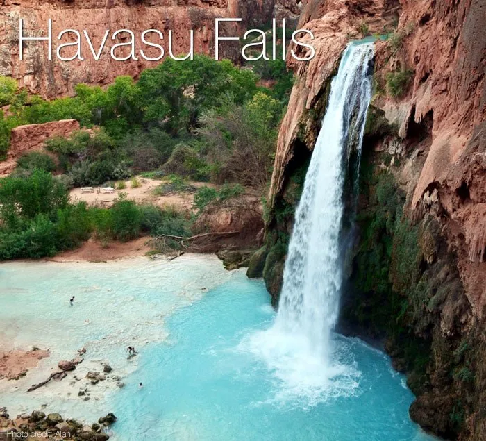 Aerial view of the Havasu Falls waterfall in the Grand Canyon, Arizona, United States.