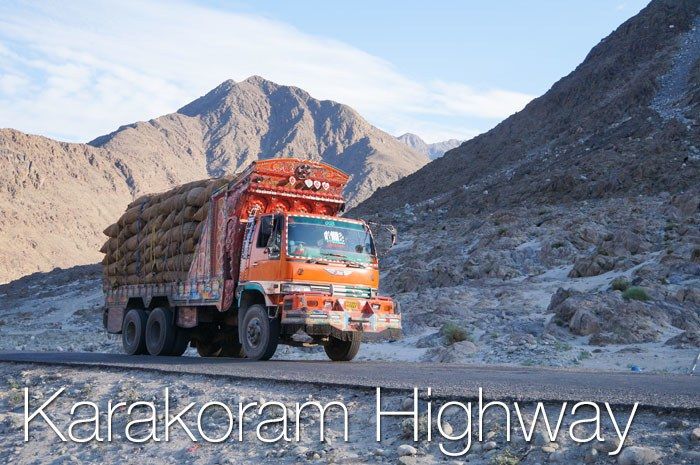 A colorful truck carrying freight on the Karakoram Highway in Pakistan.