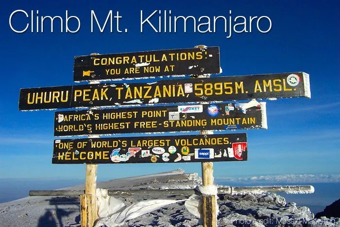 A greeting sign on top of the Mount Kilimanjaro (Uhuru Peak) in Tanzania.