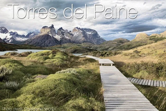 A panoramic view of the Cordillera mountain group in Torres del Paine National Park in Chilean Patagonia.