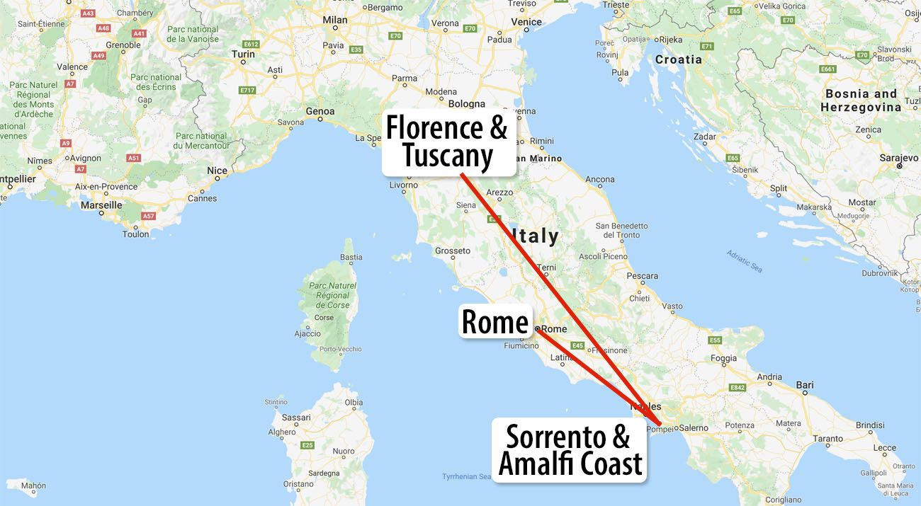 Italy Itinerary Map With Sorrento .optimal 