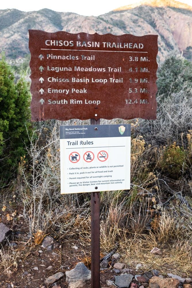 Chisos Basin Trail Sign South Rim Trail