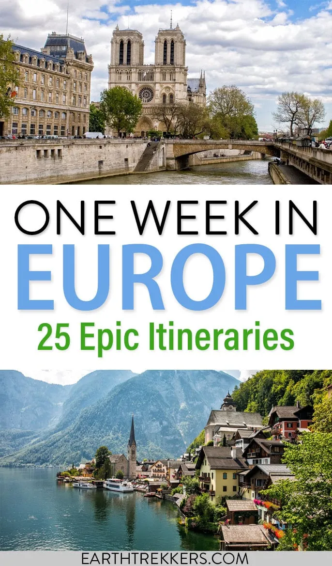 Travel to Europe: here are 25 one week in Europe itineraries. Visit Paris, Amsterdam, London, Rome, Venice, Portugal, Madrid, Barcelona, Swiss Alps, Greek islands, the Norwegian fjords, Ireland, Scotland, Poland, Croatia and more.