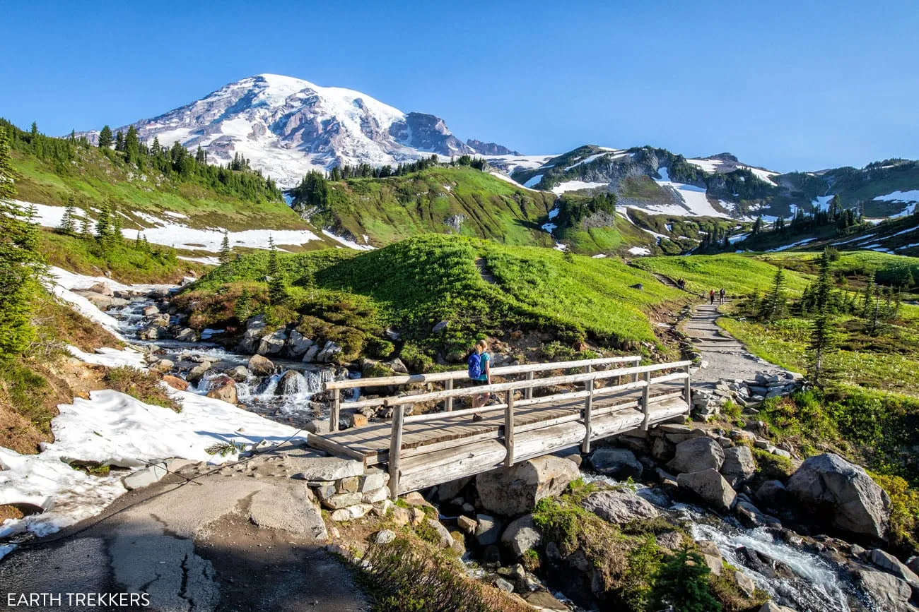 The bridge next to Myrtle Falls on the Skyline Trail Loop with a view of Mount Rainier