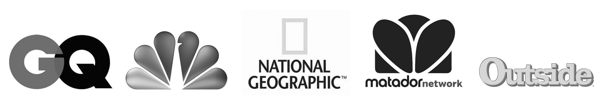 Logos of publications & networks that have featured Earth Trekkers - GQ, CNBC, Nat Geo, Matador Network, Outside.
