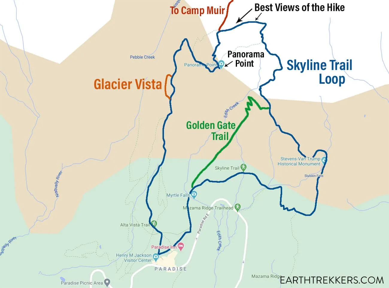 Skyline Trail Loop Map showing the trailhead, Golden Gate Trail, trail to Camp Muir