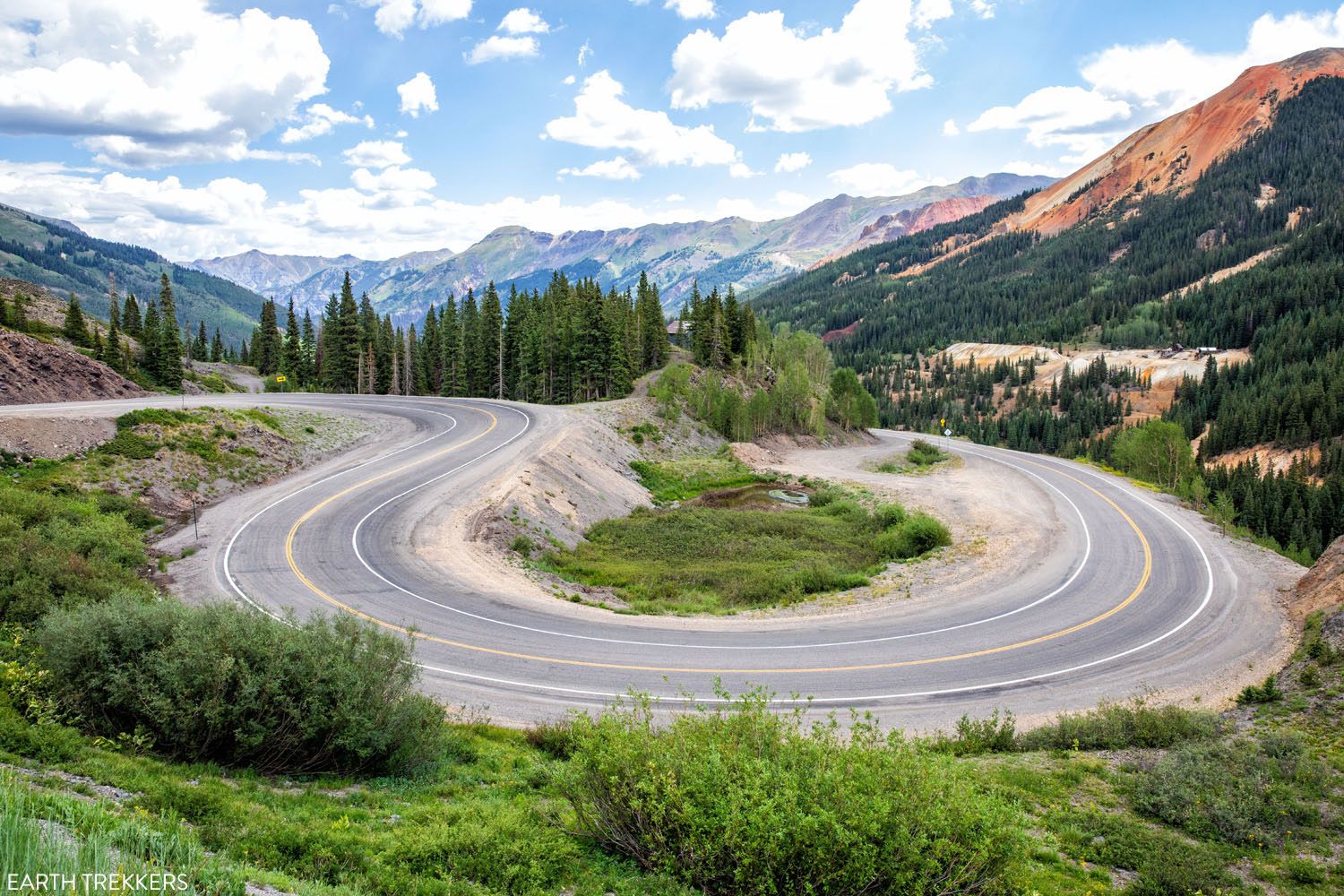 A bending and curving portion of the Million Dollar Highway in Colorado.