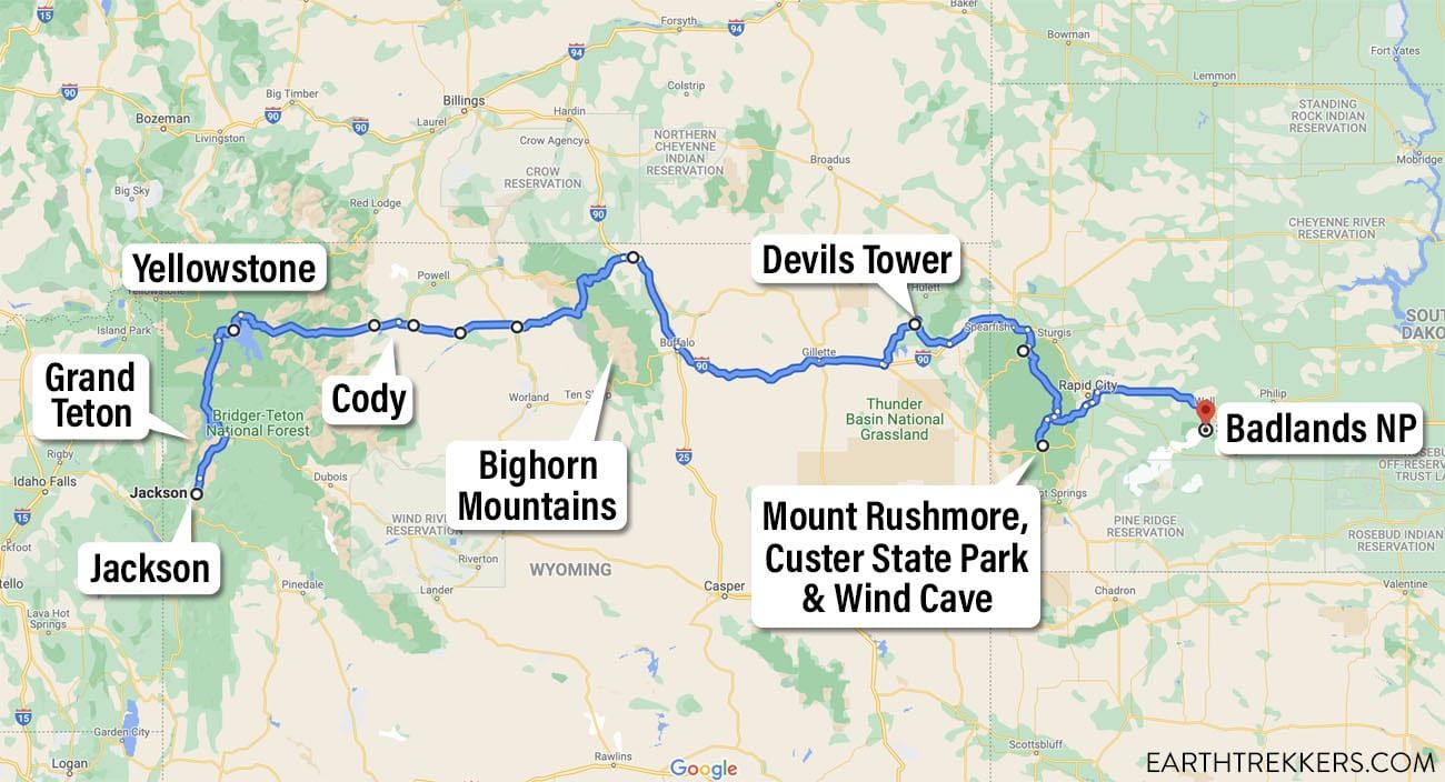 Yellowstone to Mount Rushmore Map