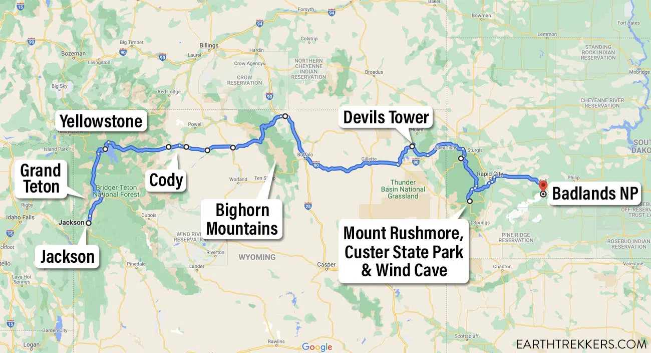 Yellowstone to Mount Rushmore Map