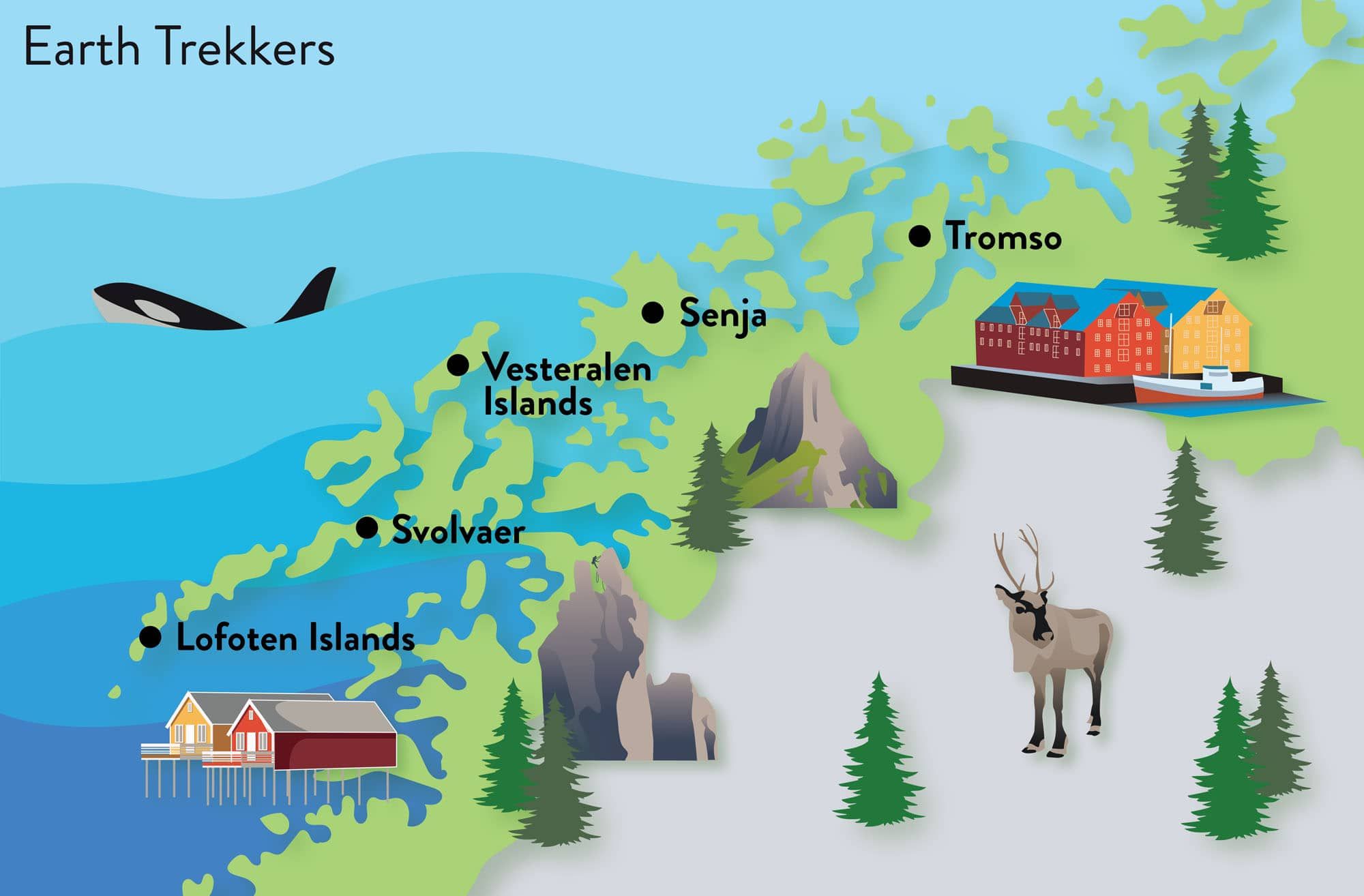 Animated map with the main locations of the 10-day Lofoten Islands and Northern Norway itinerary, starting with Tromso.