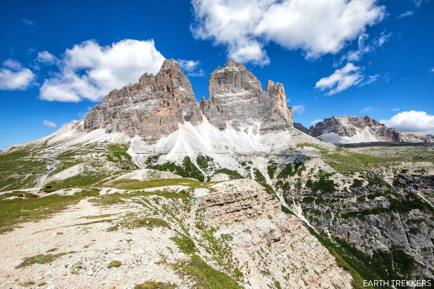 Looking back to Tre Cime di Lavaredo and Rifugio Auronzo