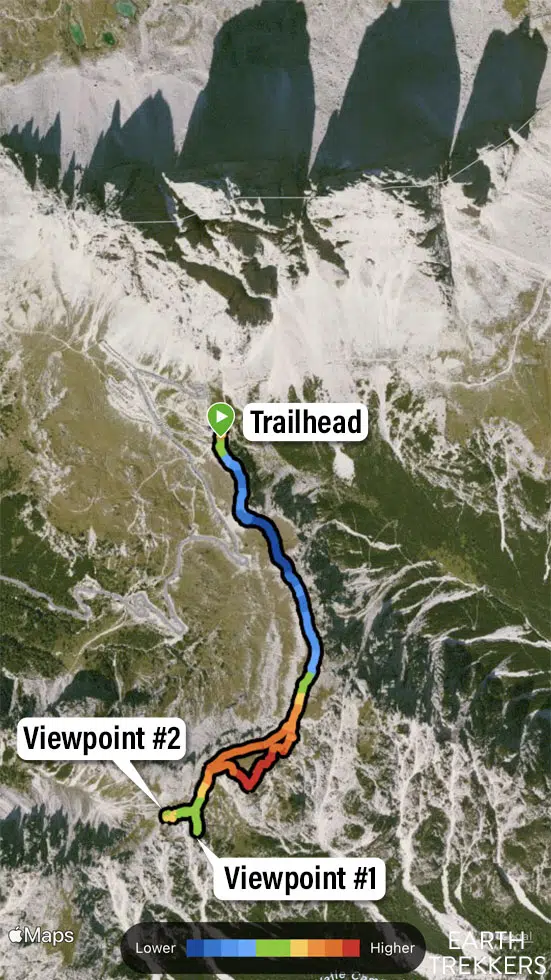 Map of the trail to the Cadini di Misurina viewpoint from Rifugio Auronzo