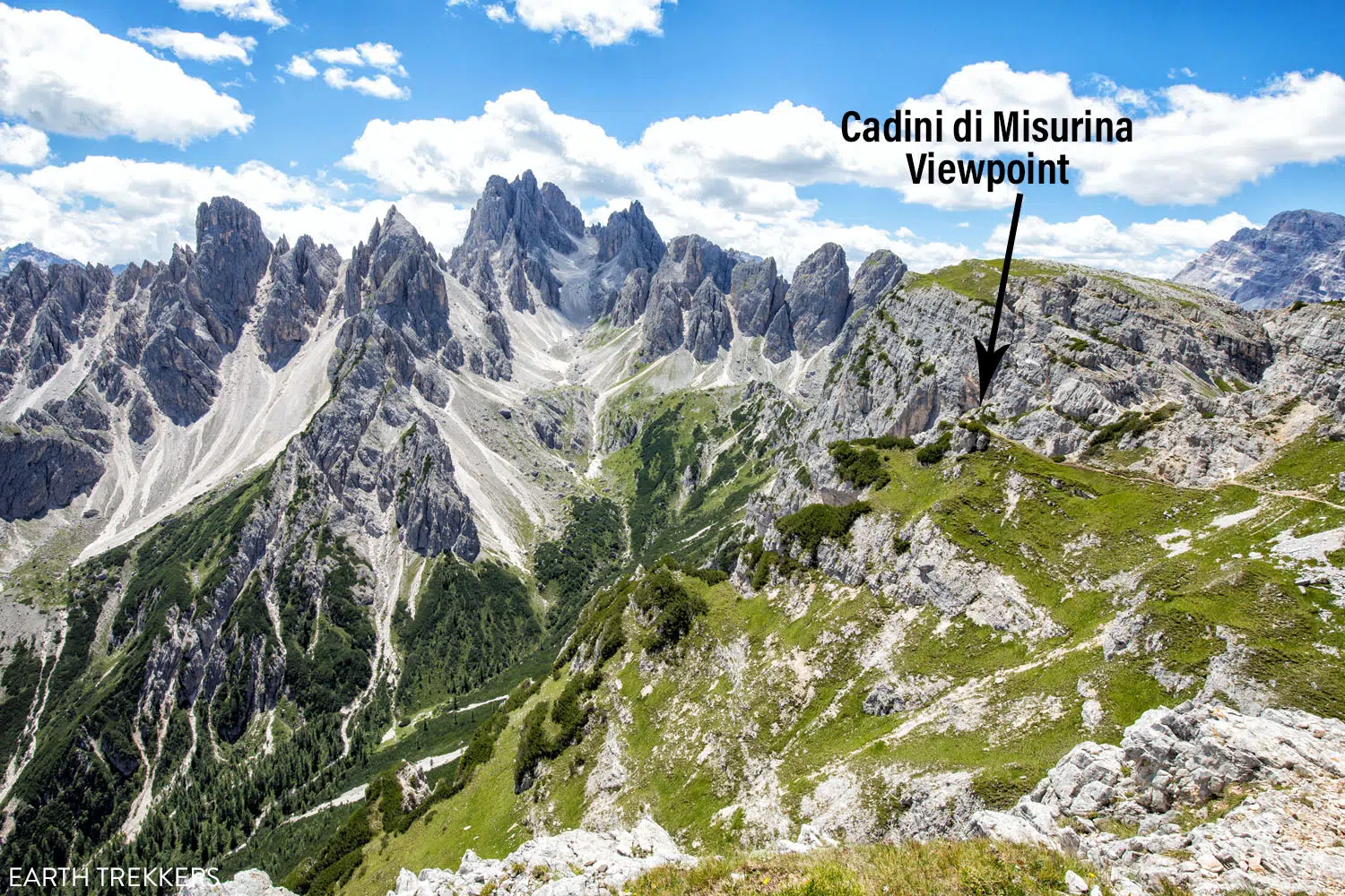 Photo labeling the location of the Cadini di Misurina Viewpoint