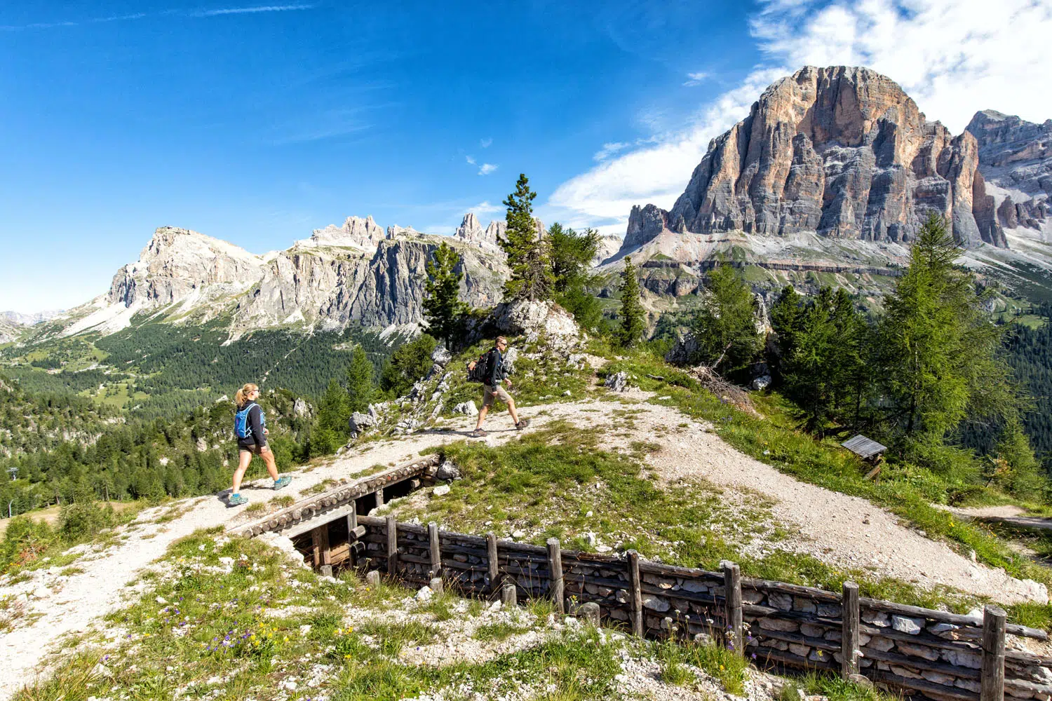 Kara and Tim hiking the Cinque Torri Trench Viewpoint