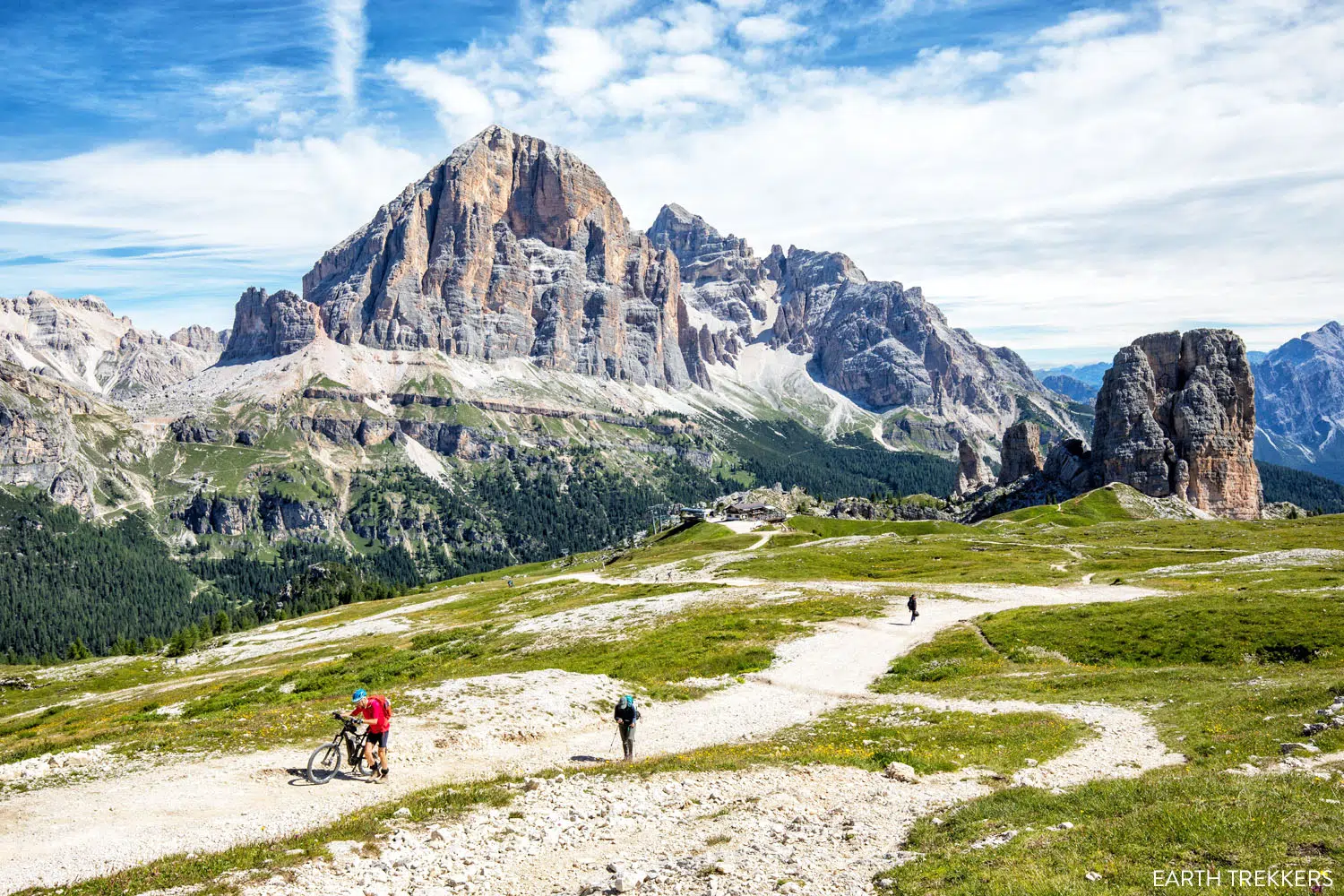 View looking back towards Tofana di Rozes, the Cinque Torri, and Rifugio Scoiattoli