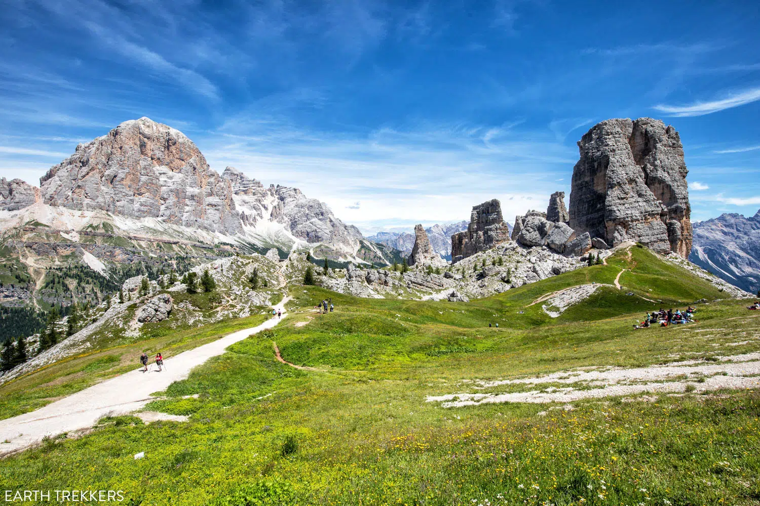 The view of the Cinque Torri and Tofana di Rozes from Rifugio Scoiattoli