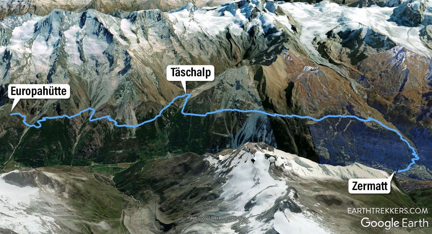 Haute Route Stage 14 Europahutte to Zermatt Map