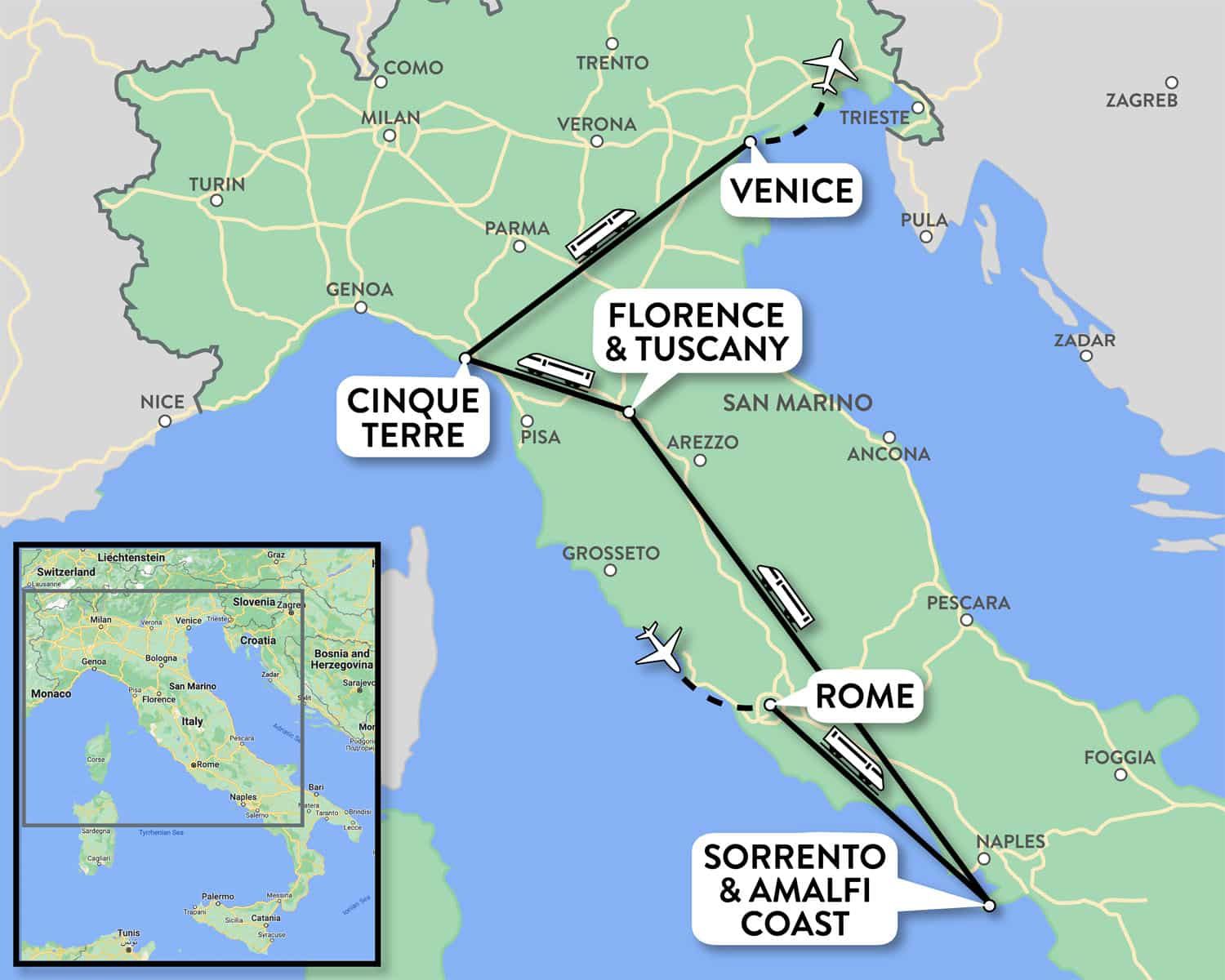 14 day Italy Itinerary Map