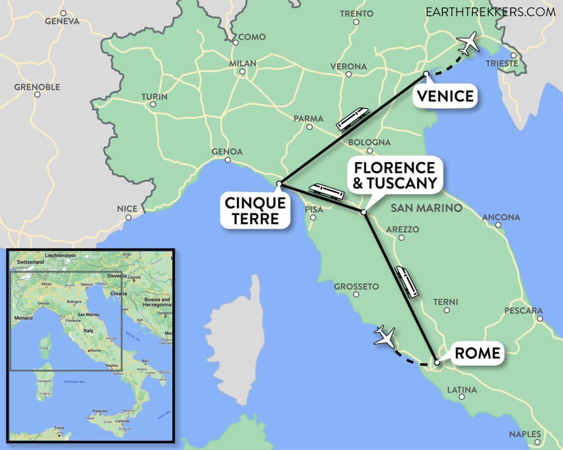 10 Day Italy Itinerary Rome Florence Cinque Terre Venice Earth   Italy Itinerary Map Rome Florence Venice 1129x903 .optimal 