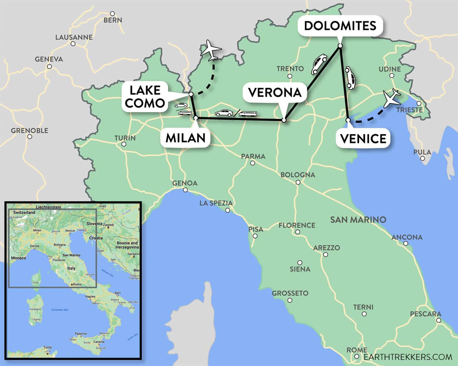 Italy Itinerary Map Venice Dolomites Lake Como