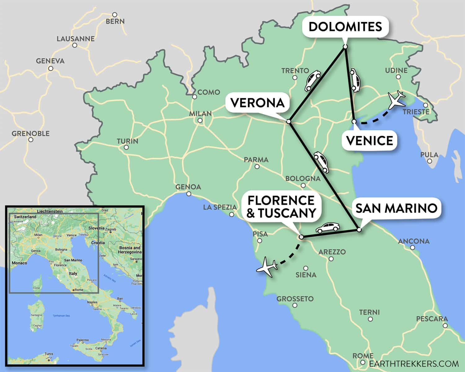 Italy Itinerary Map Venice San Marino Florence