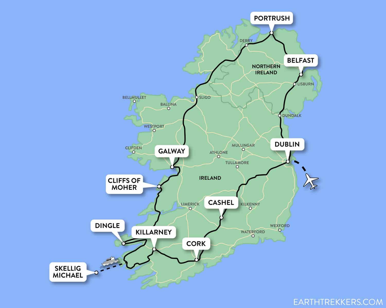 map of ireland with travel times