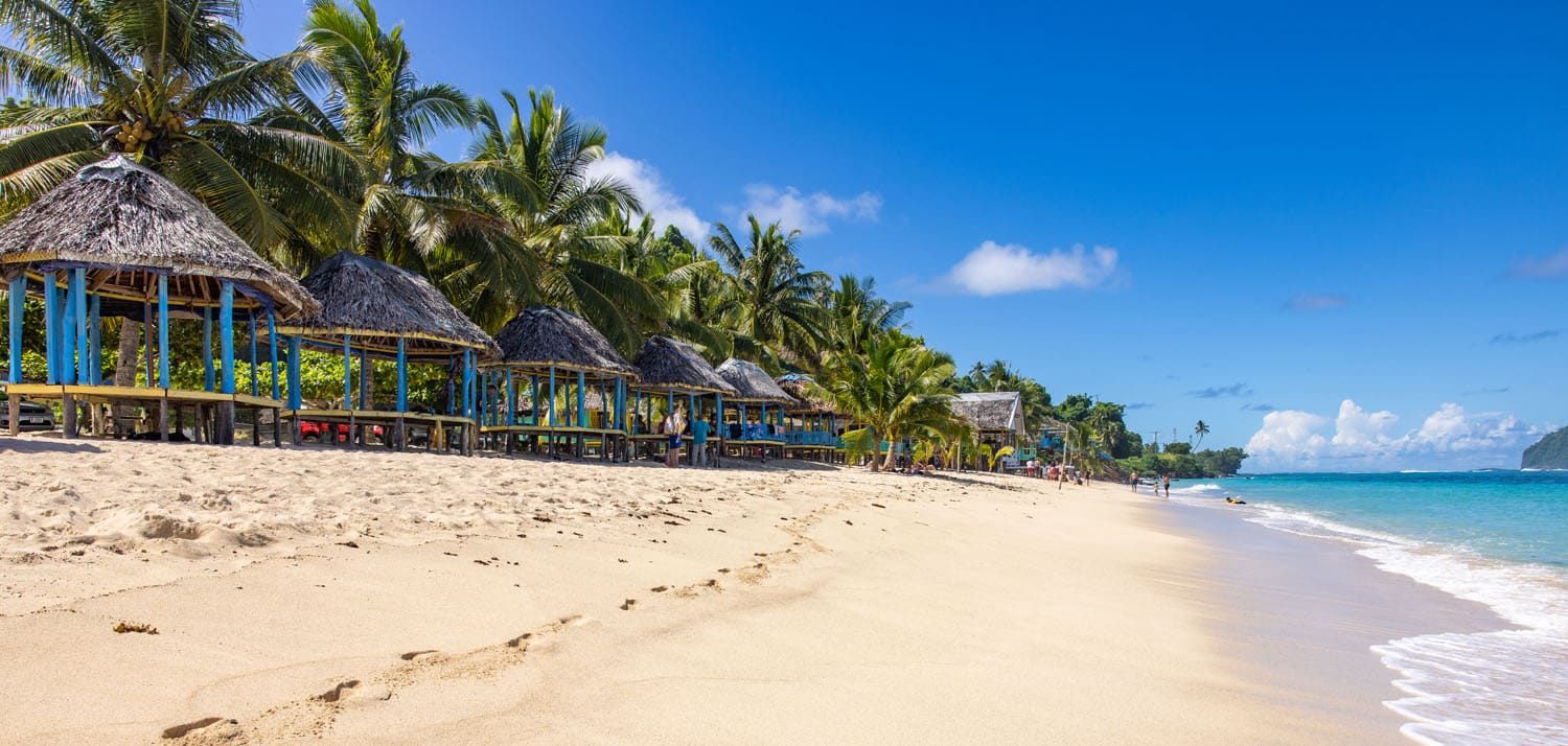 a beach with huts and palm trees