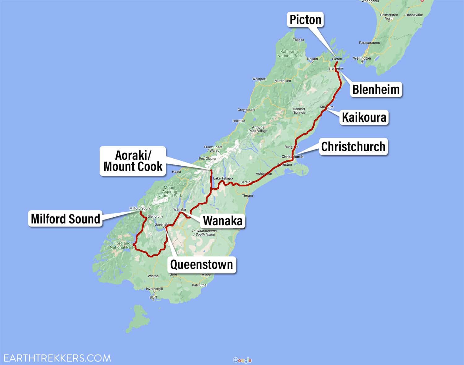 One Week South Island New Zealand Itinerary Map