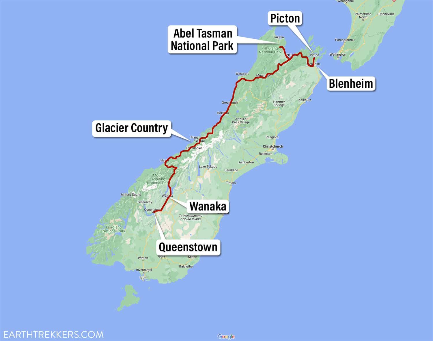 One Week South Island of New Zealand Itinerary Map