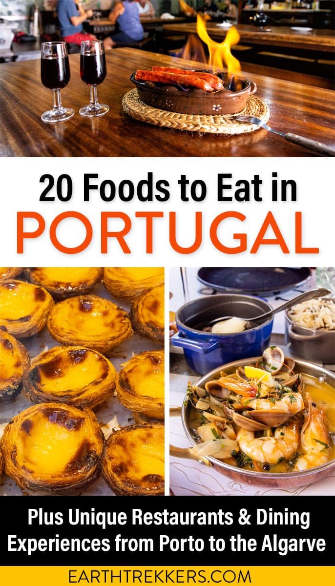 20 traditional Portuguese foods to try in Portugal: Pastel de Nata, salted cod, seafood stew, port wine, and more.