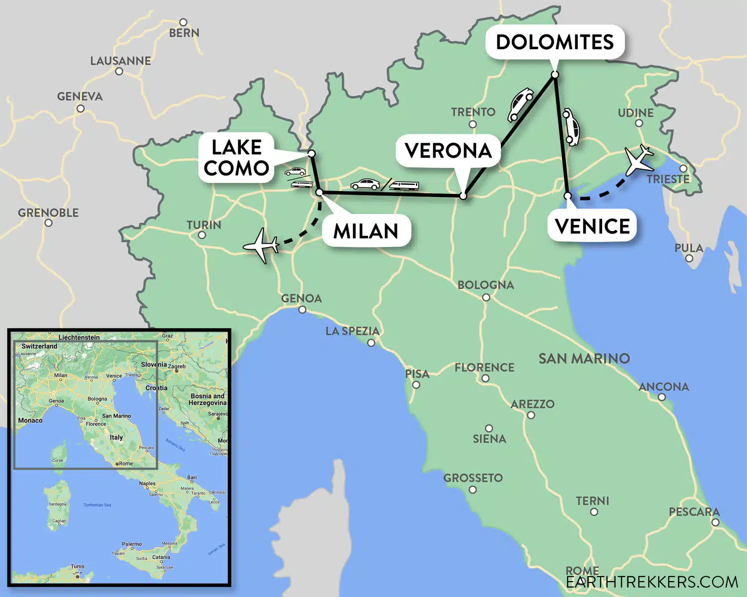 10 Day Northern Italy Itinerary Map showing the route through Venice, Dolomites, Verona, Milan, Lake Como