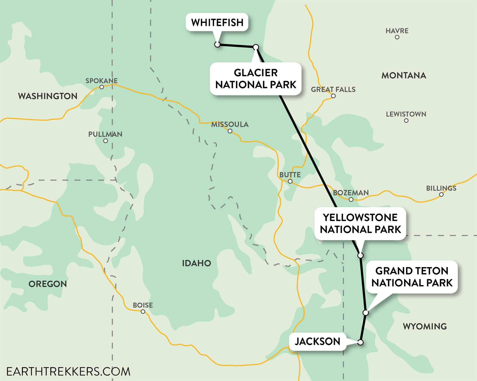 Grand Teton Yellowstone Glacier National Parks Itinerary Map