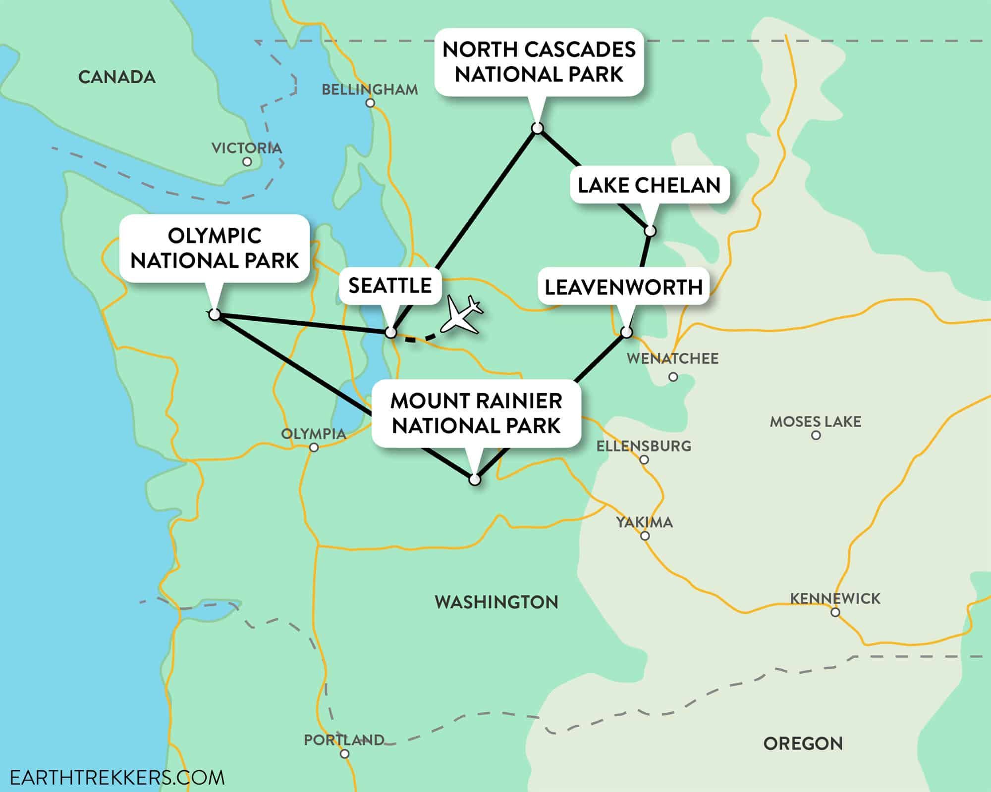 Washington National Parks Road Trip Map: Olympic, Mount Rainier, and North Cascades National Parks