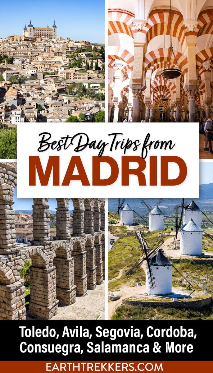 Best day trips from Madrid, Spain and how to plan them. Toledo, Segovia, Avila, Cordoba, Ribera del Duero, the Consuegra windmills, Salamanca, Cuenca, Barcelona, Valencia, and Seville.