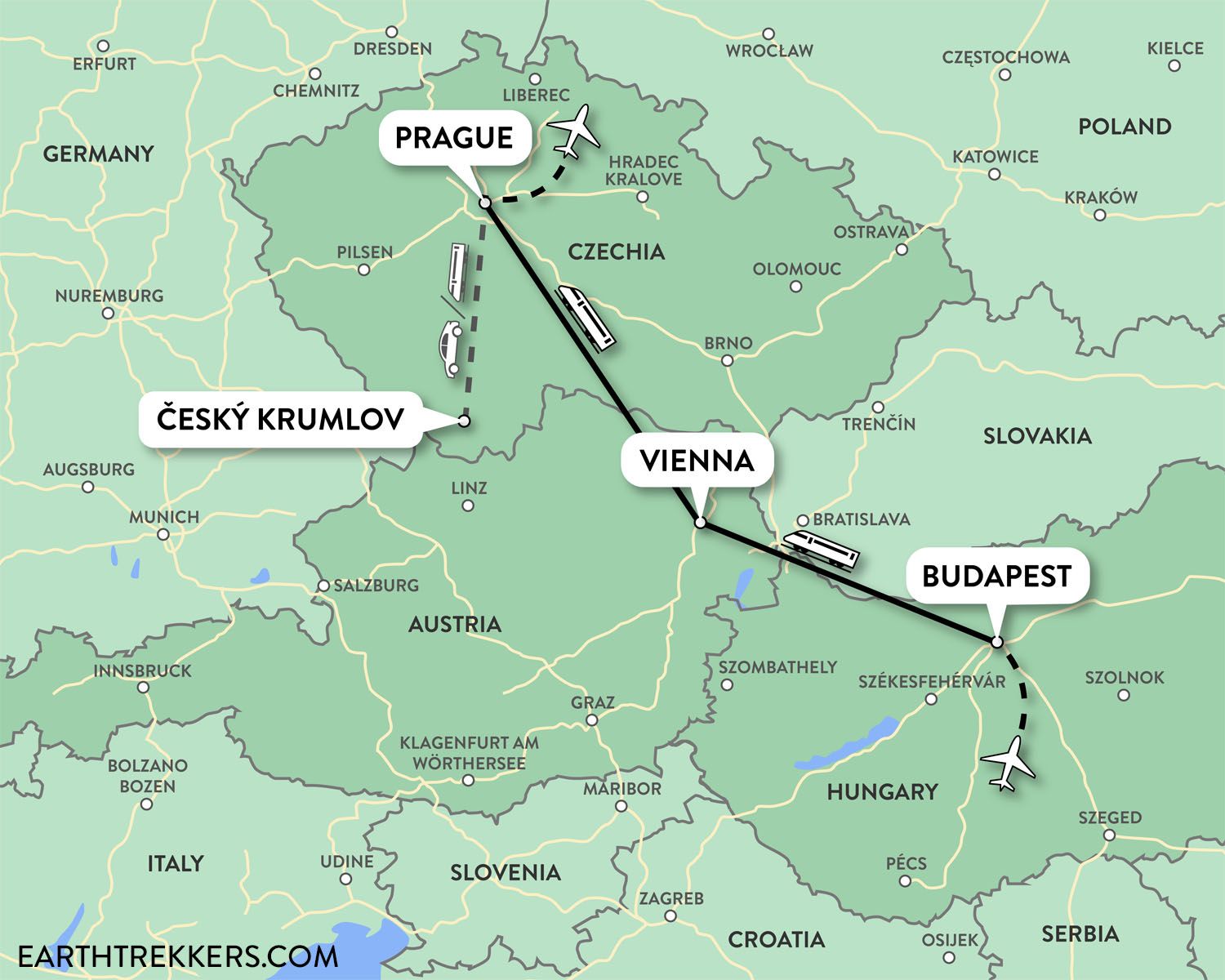 Central Europe Itinerary Map: Budapest Vienna Prague Cesky Krumlov