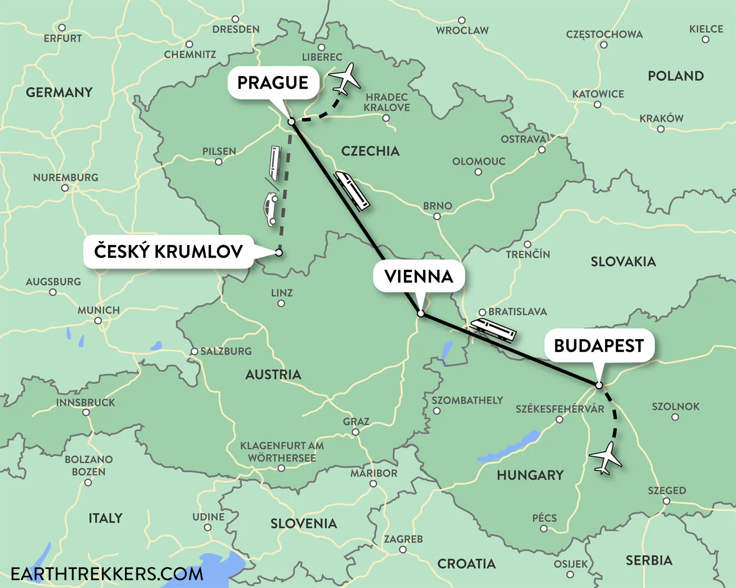 Central Europe Itinerary Map: Budapest Vienna Prague Cesky Krumlov