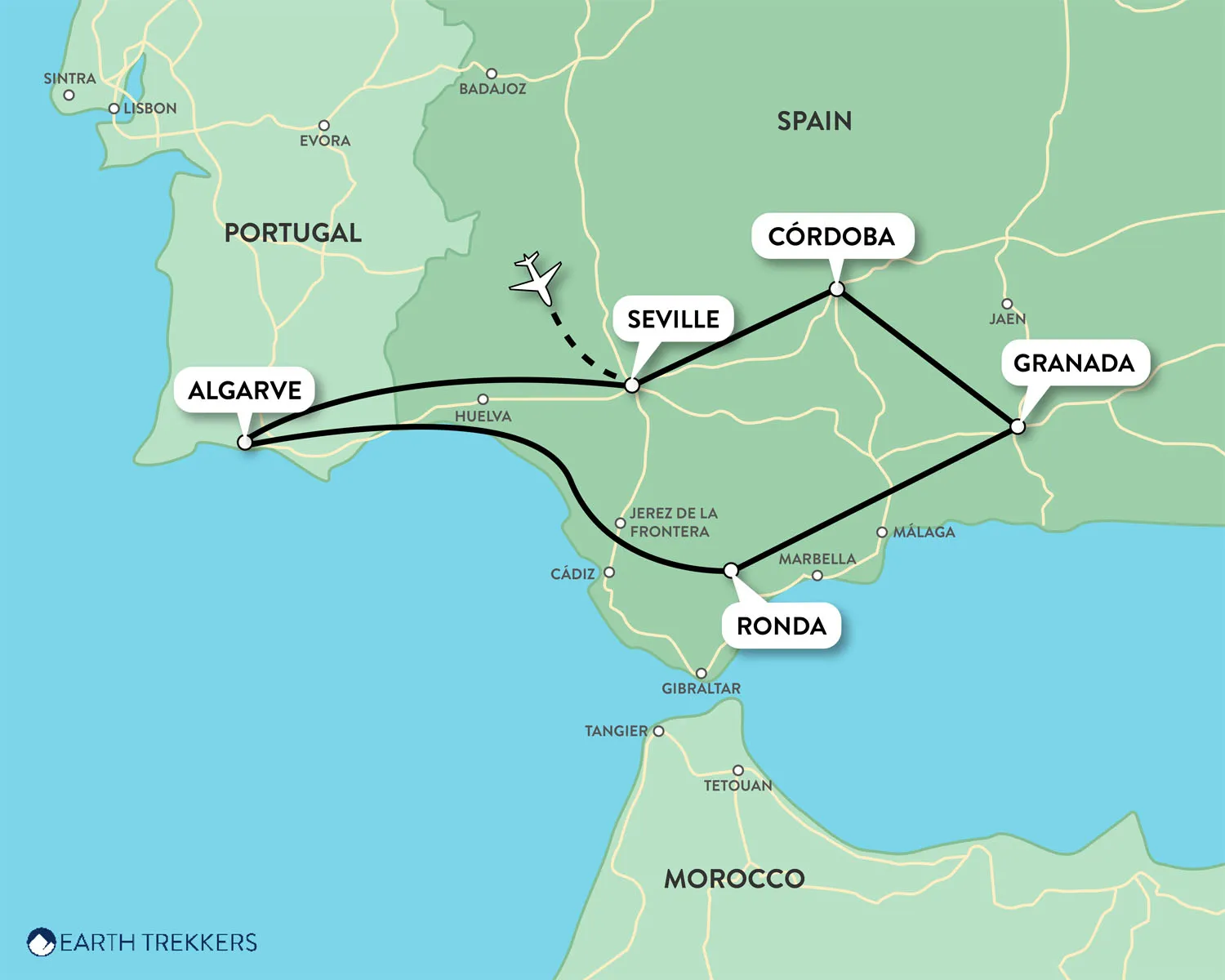 Southern Spain Portugal Itinerary Map: Seville, Andalusia, Granada, Cordoba, Algarve
