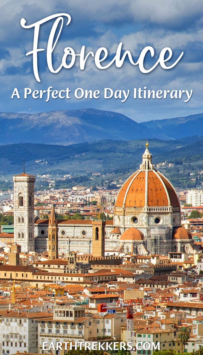One day in Florence, Italy itinerary. Visit the Florence Cathedral (the duomo), Michelangelo's statue of David, the Uffizi Gallery, Palazzo Vecchio, Ponte Vecchio, and Piazzale Michelangelo.