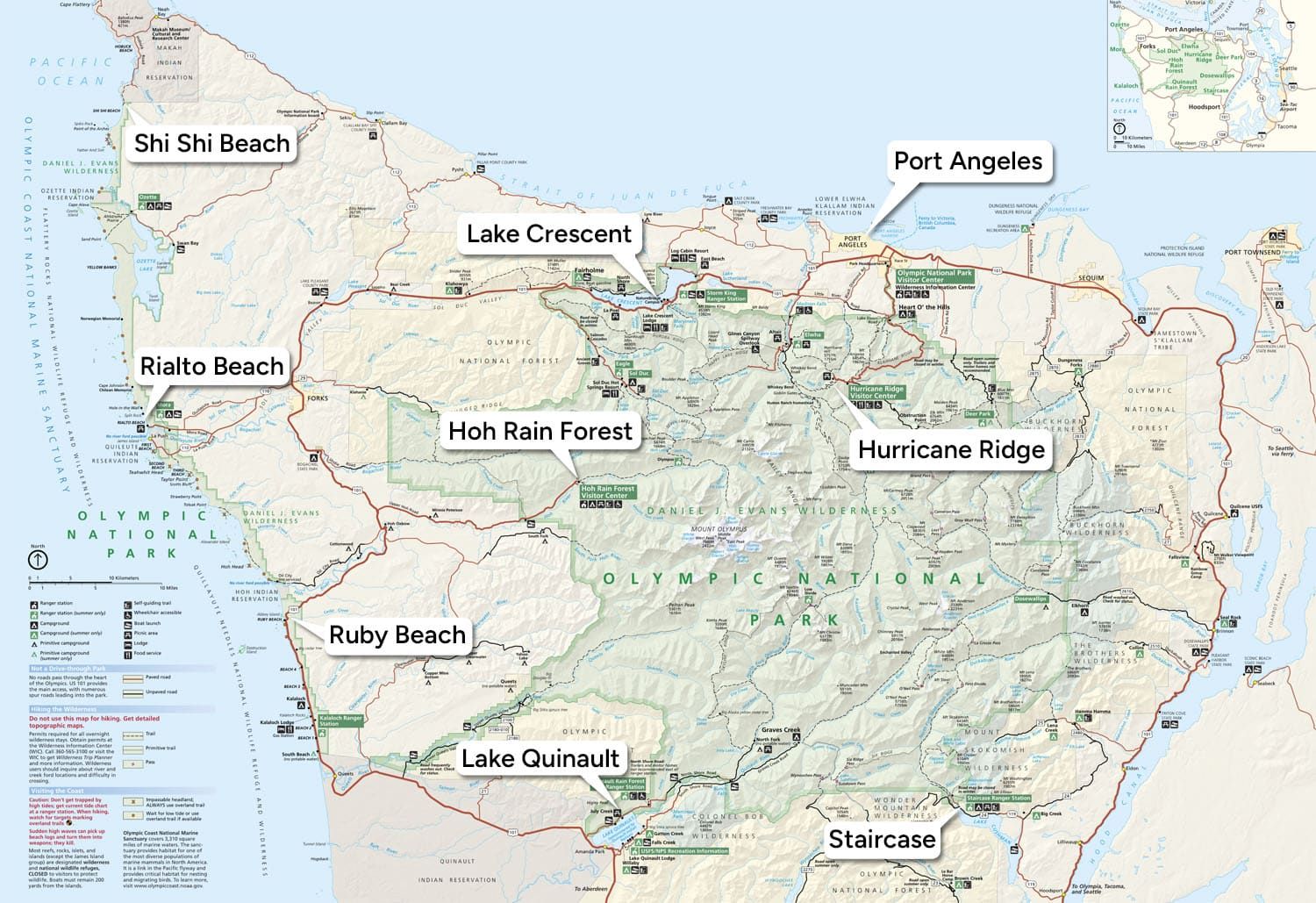Olympic National Park Map Areas Explained: Hurricane Ridge, Hoh Rain Forest, Pacific Coast beaches, Staircase